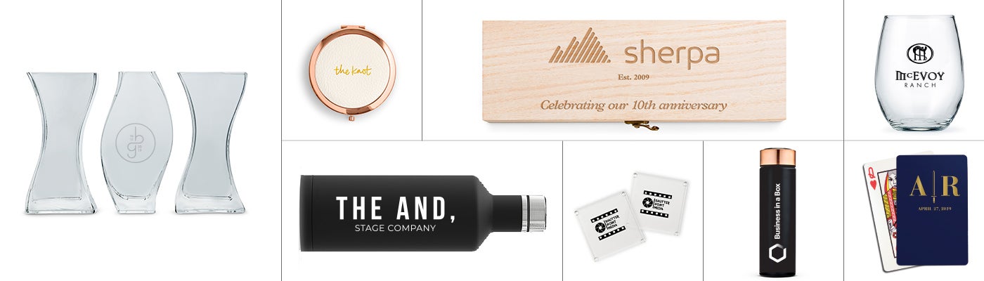 Corporate Gifting product examples: vase set, compacts, wine box, stemless wine glass, water bottle, coasters, coffee tumbler and playing cards